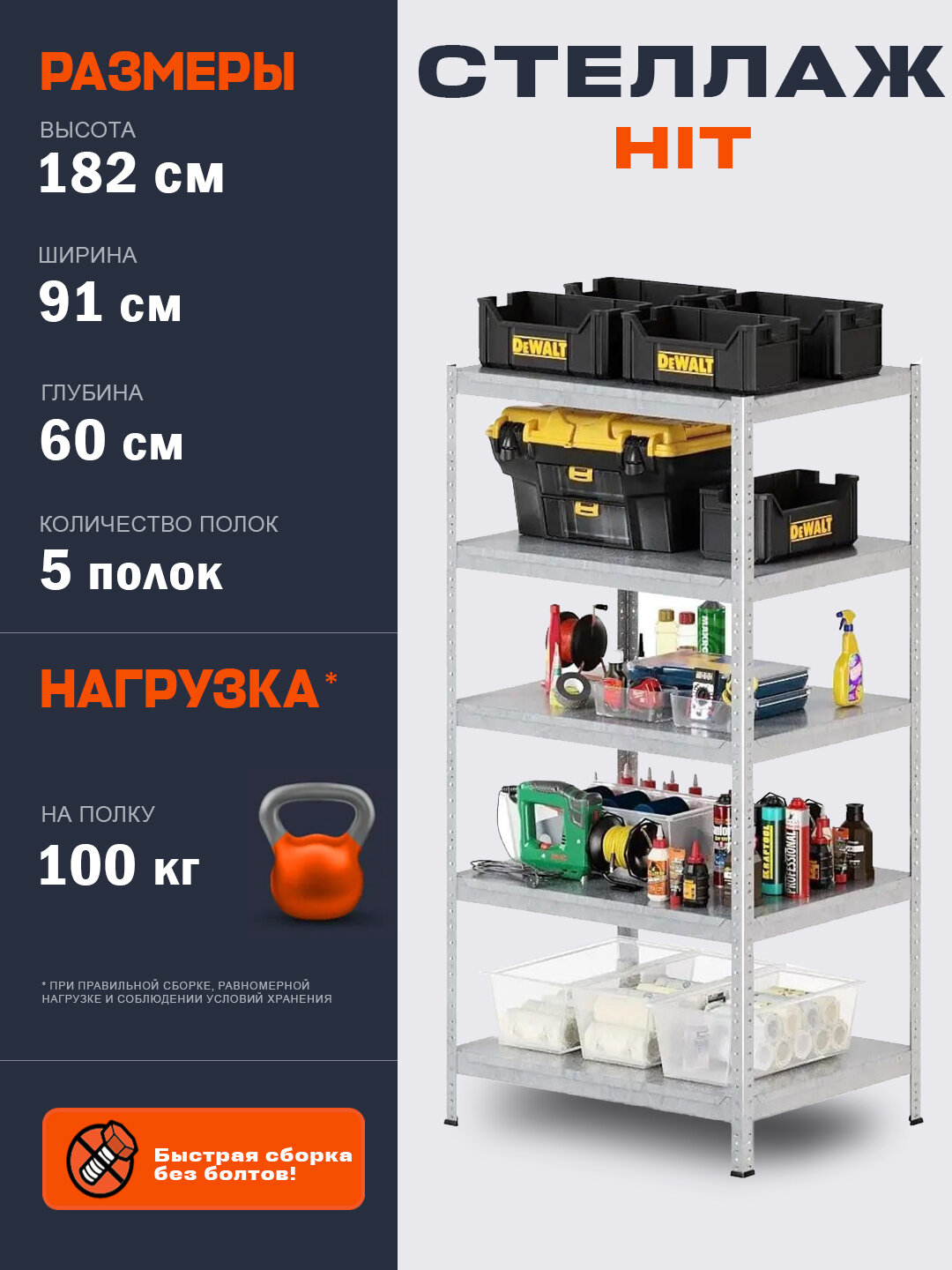 Стеллаж металлический HIT 912х600х1824/ 5 полок, оцинкованный