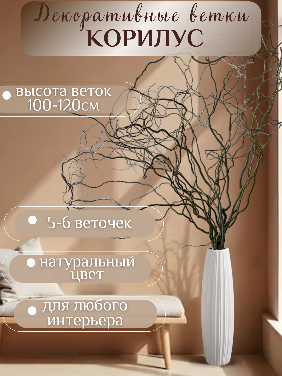 Декор для дома "Сухоцветы корилус", ветки извилистой ивы, 5 штук