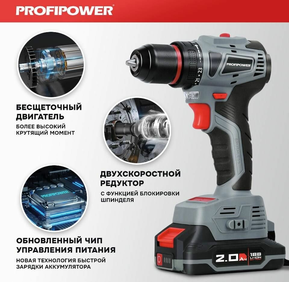 Бесщеточная аккумуляторная дрель-шуруповерт 18В, MKBL-18В ProfiPower
