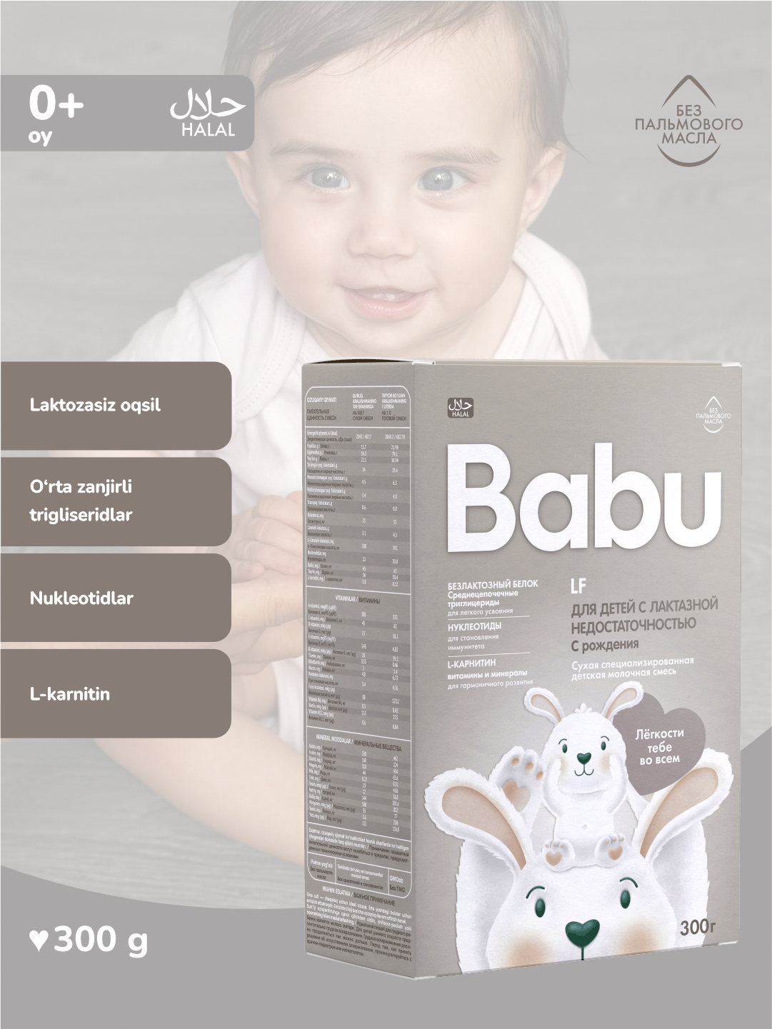 Смесь Babu LF • Безлактозный белок для легкого усвоения, • L-карнитин