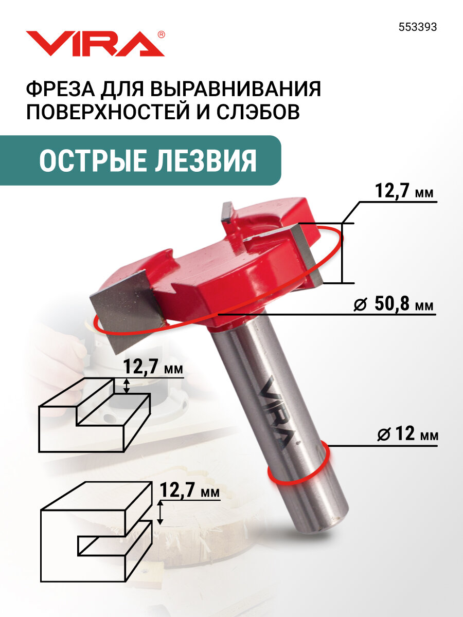 Фреза для выравнивания поверхностей и слэбов 50.8 мм хвостовик 12 мм VIRA