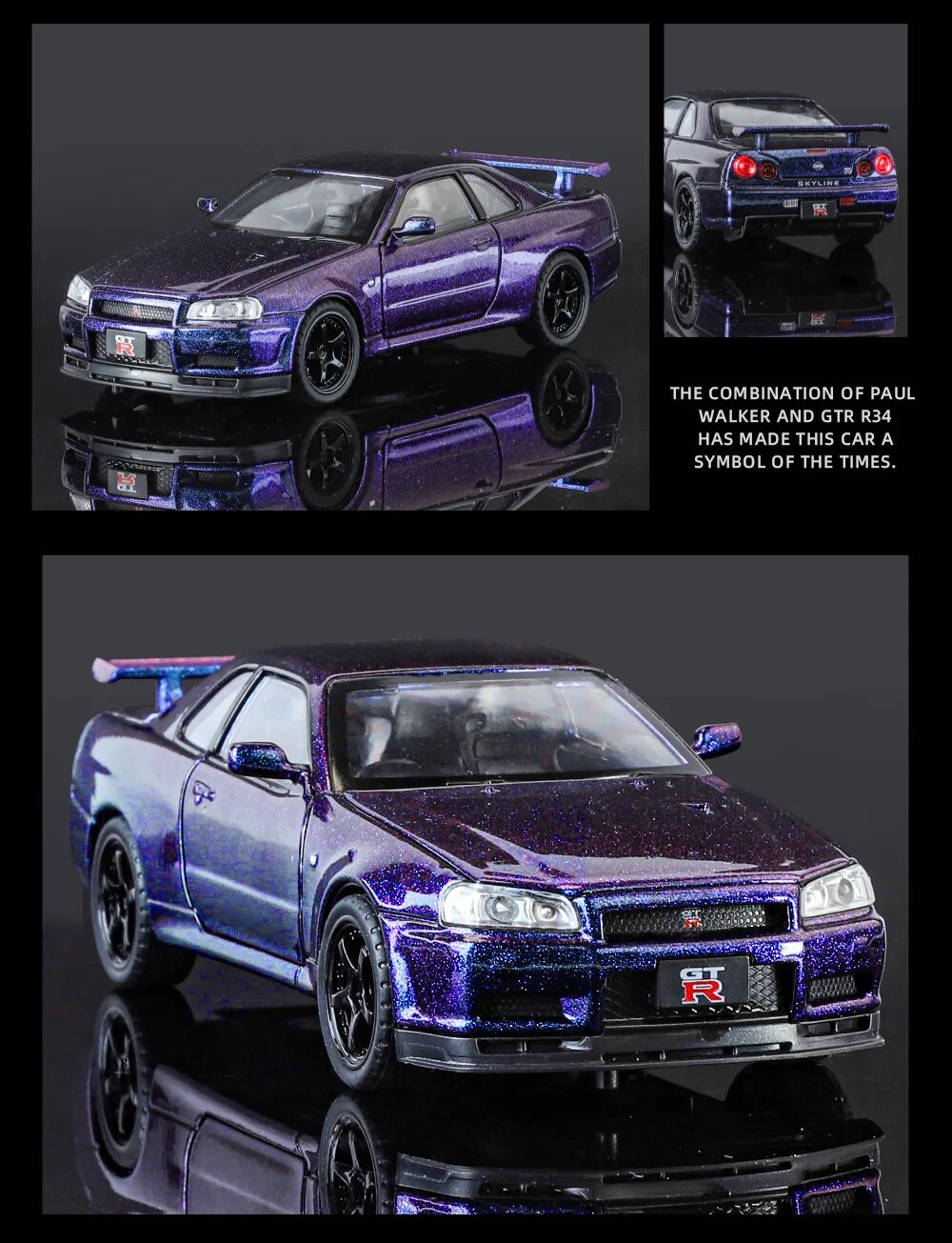 Интерактивная машинка Jinlifang "Fast and Furious", Nissan Skyline GT-R, заводная, с эффектами, 1:32 фиолетивый свет