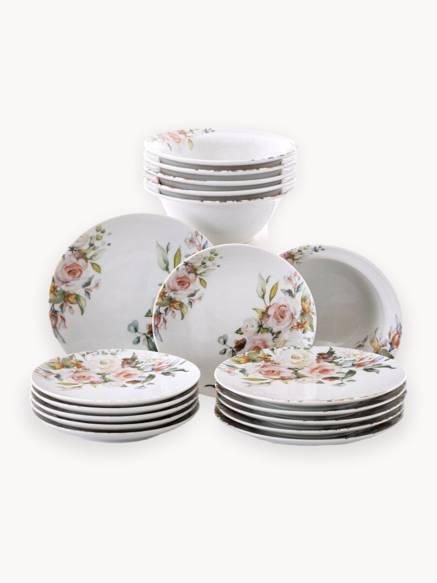Набор посуды столовой на 6 персон, 18 предметов "Розы", сервиз обеденный фарфоровый