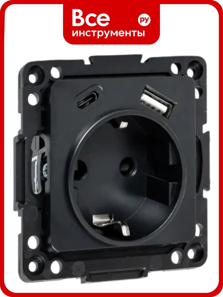 Механизм 1-местной розетки EKF Стокгольм с заземлением, USB A+C, 16А, винтовые клеммы, черный, с защитными шторками EZR16-2USB-typeA-typeC