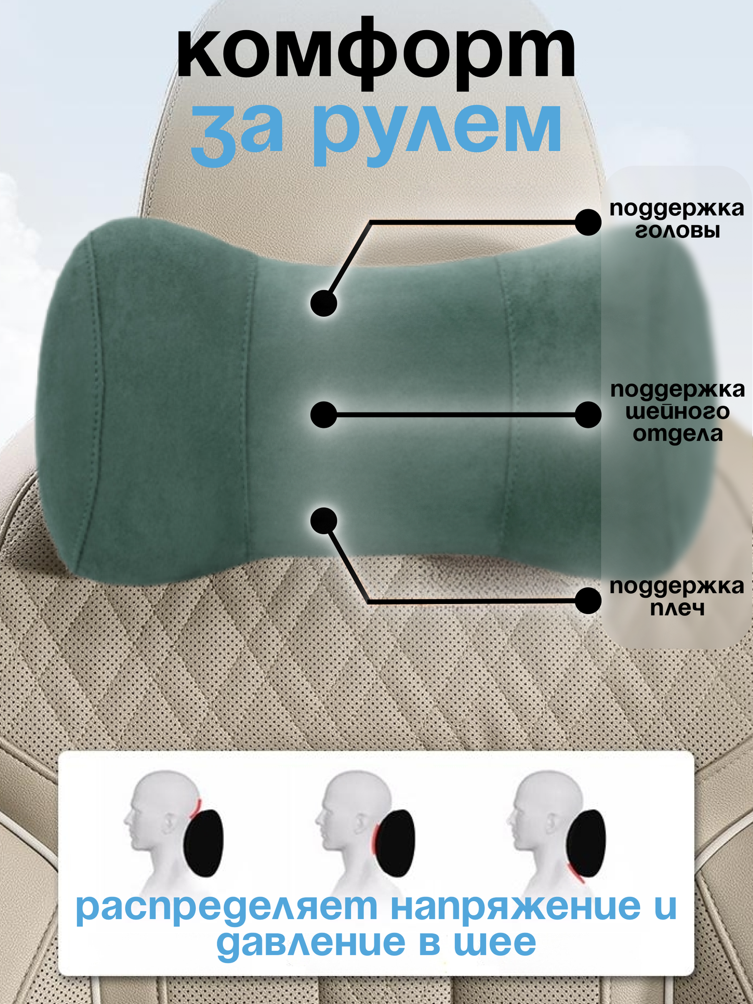 Изображение Подушка автомобильная на подголовник для шеи с эффектом памяти