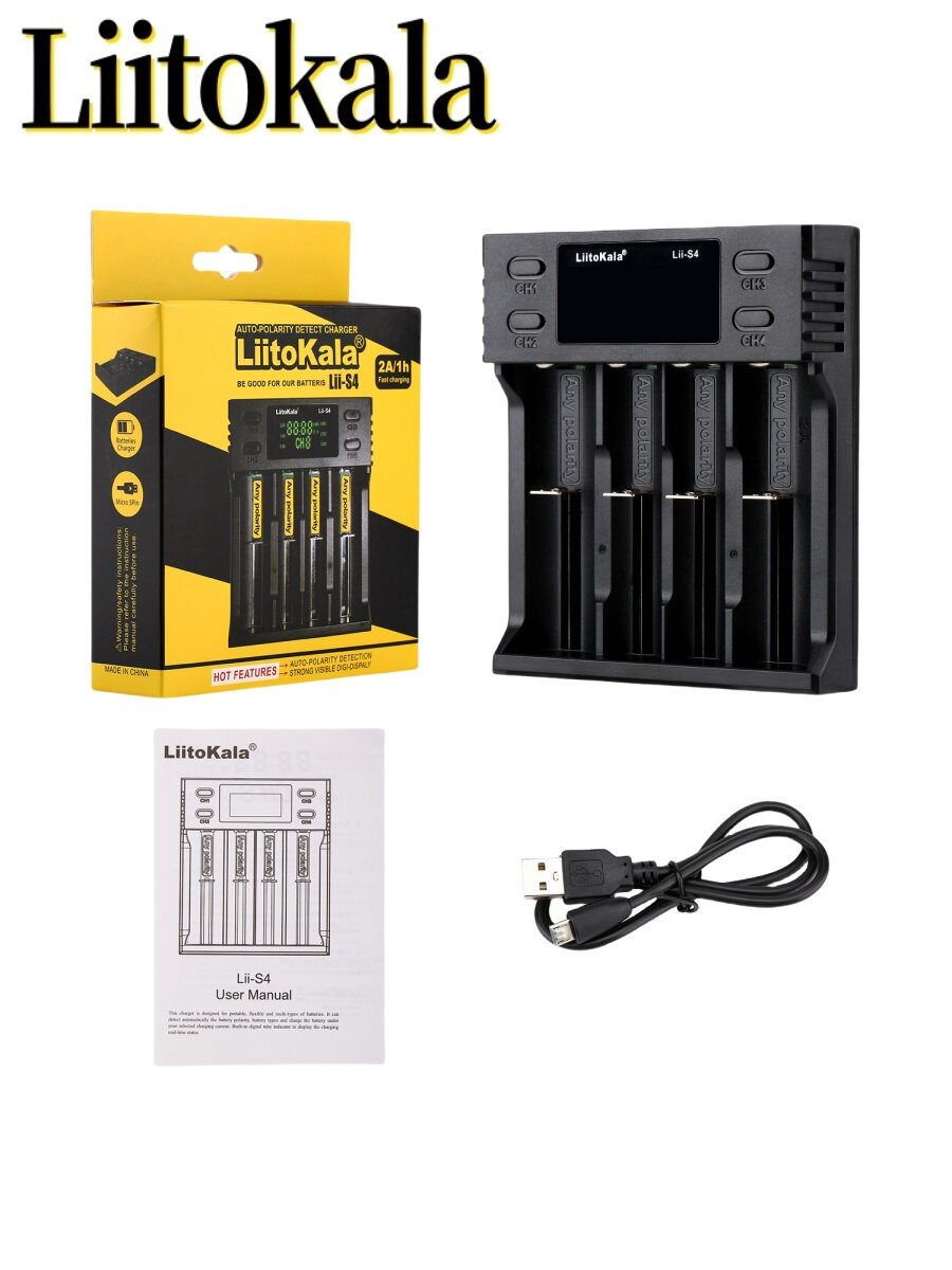 Зарядное устройство LiitoKala Lii-S4 18650 со светодиодом, 4 слота для 26650 21700 18350 AAA 3,7 В 1,2 В — фото 1