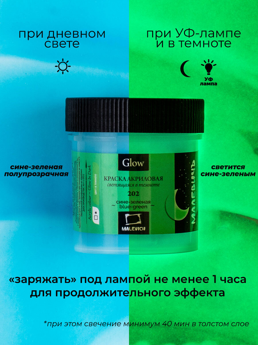 Акриловая краска Малевичъ Glow светящаяся в темноте, сине-зеленая, 50 мл — фото 1