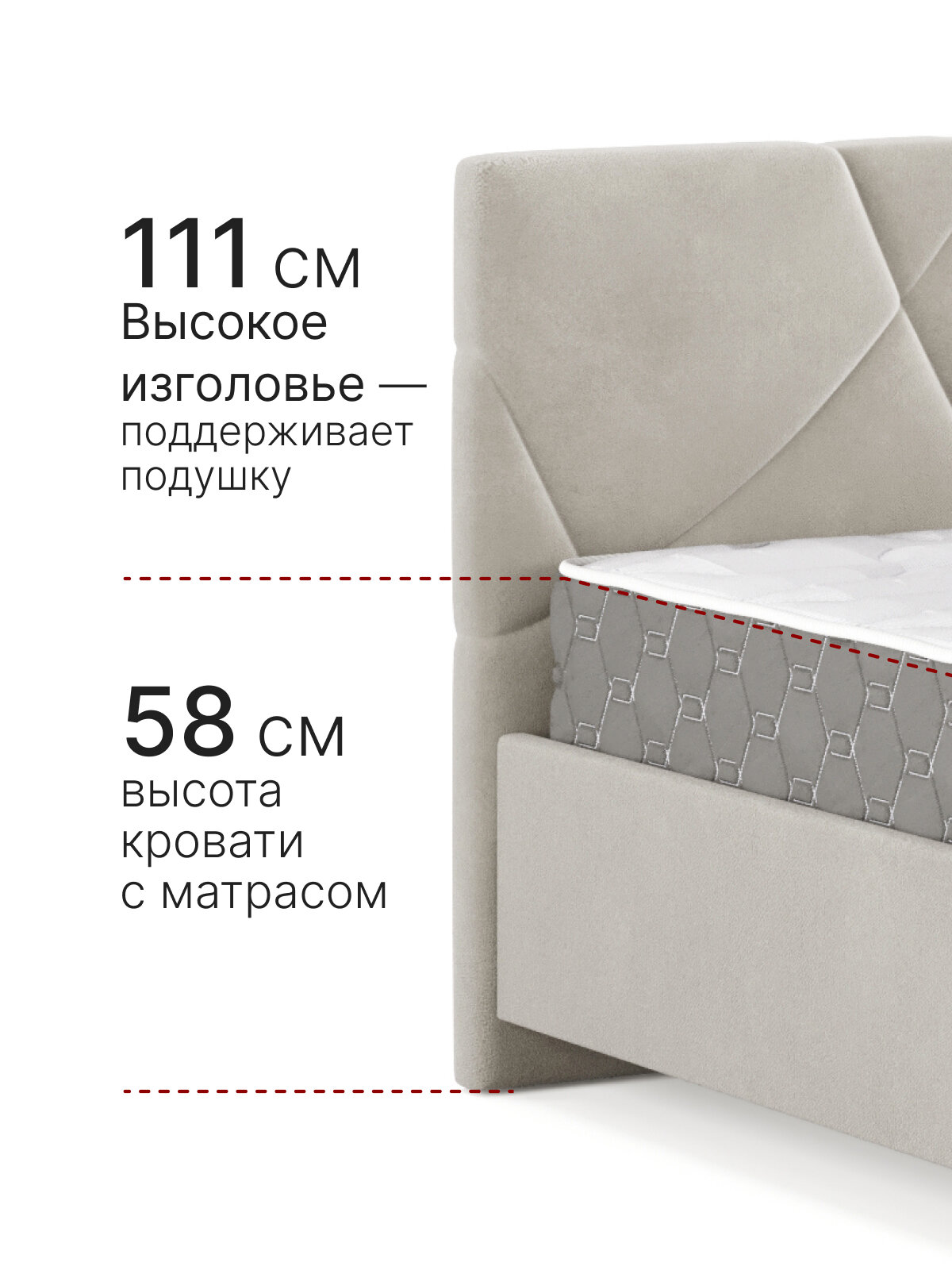 Кровать 180х200 + матрас. С подъемным механизмом, двуспальная, ортопедическая с ящиком для белья, велюр светло-бежевый — фото 1