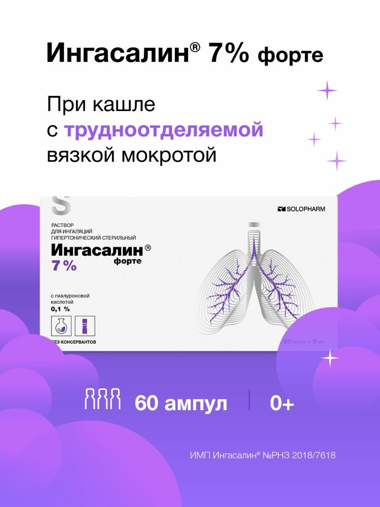 Раствор для ингаляций, жидкость для небулайзера, от кашля, Ингасалин форте, 60 ампул