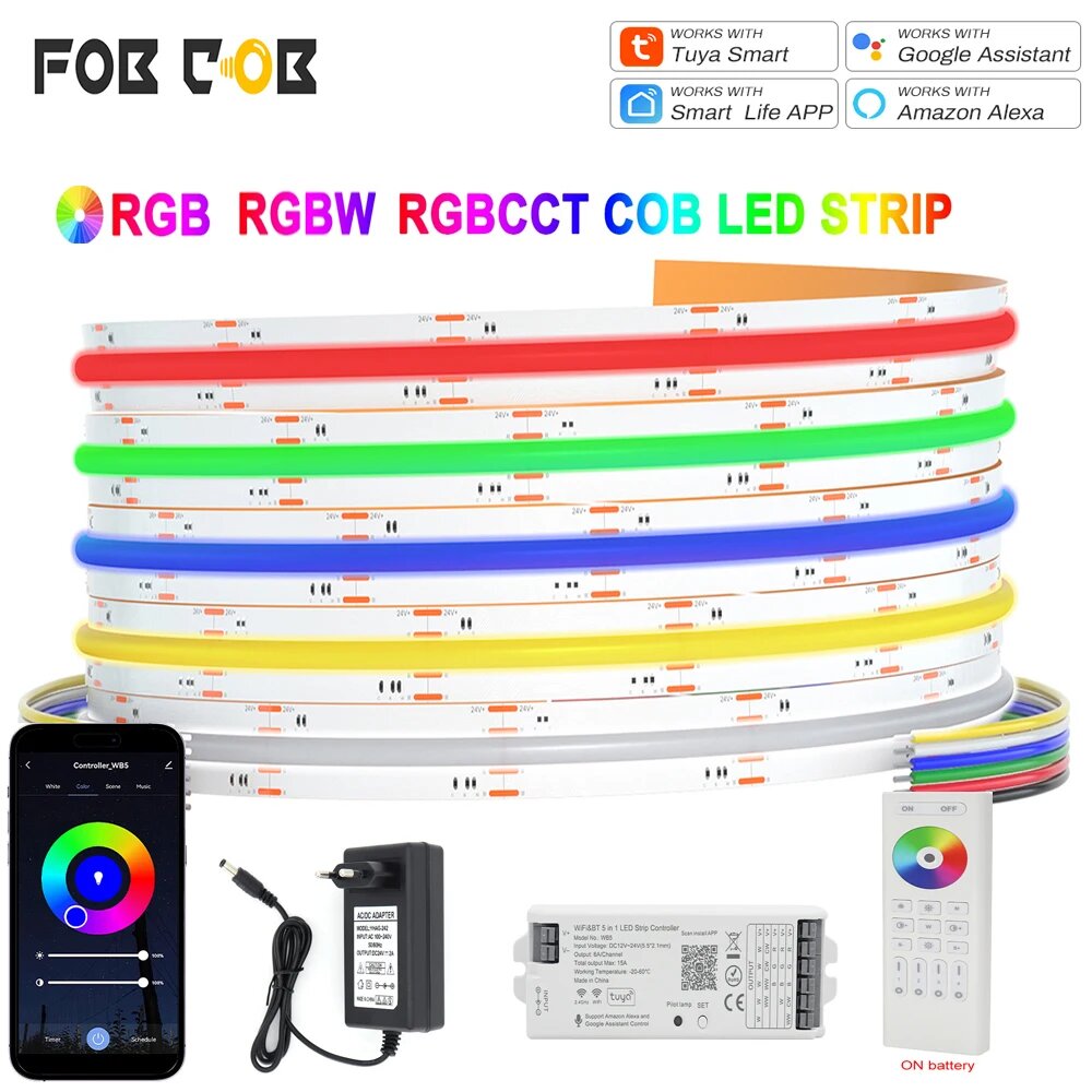 RGB COB светодиодная лента FOB для домашнего декора Zigbee Tuya Version, 5m Tuya Remote Kit, 12MM-RGBW-784leds