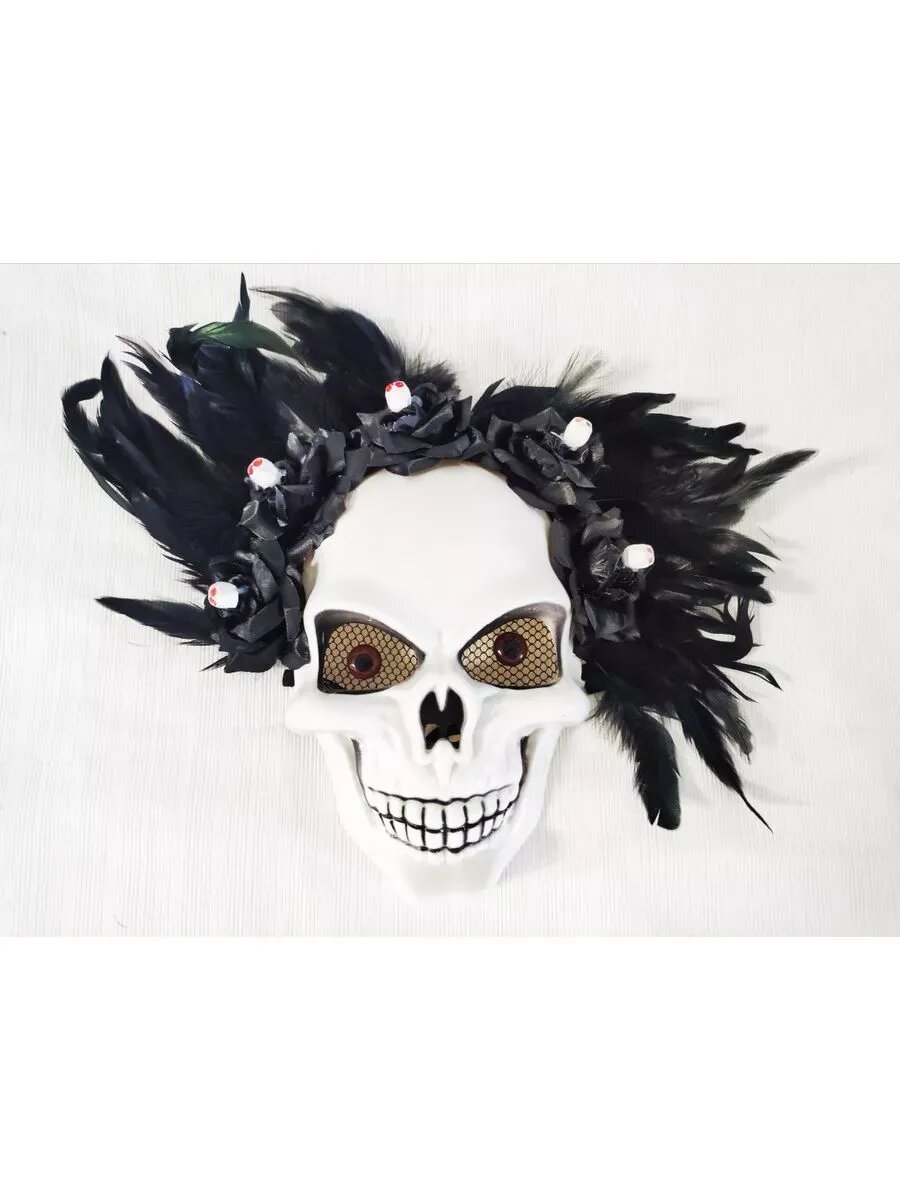 Маска Сфера "Череп", с перьями, пластик, белая, черная, универсальная, 25x30x7 см — фото 1