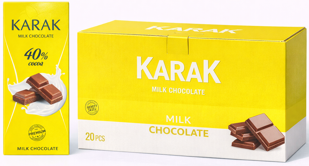 20 штук Шоколадная плитка KARAK Chocolate Yellow Edition, 76 г, 16.5 × 7.5 см, в коробке, производитель Ne’mat