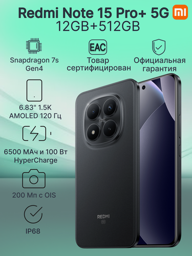 Изображение товара Смартфон Xiaomi Redmi Note 15 Pro+ 5G 12GB+512GB Black Ростест