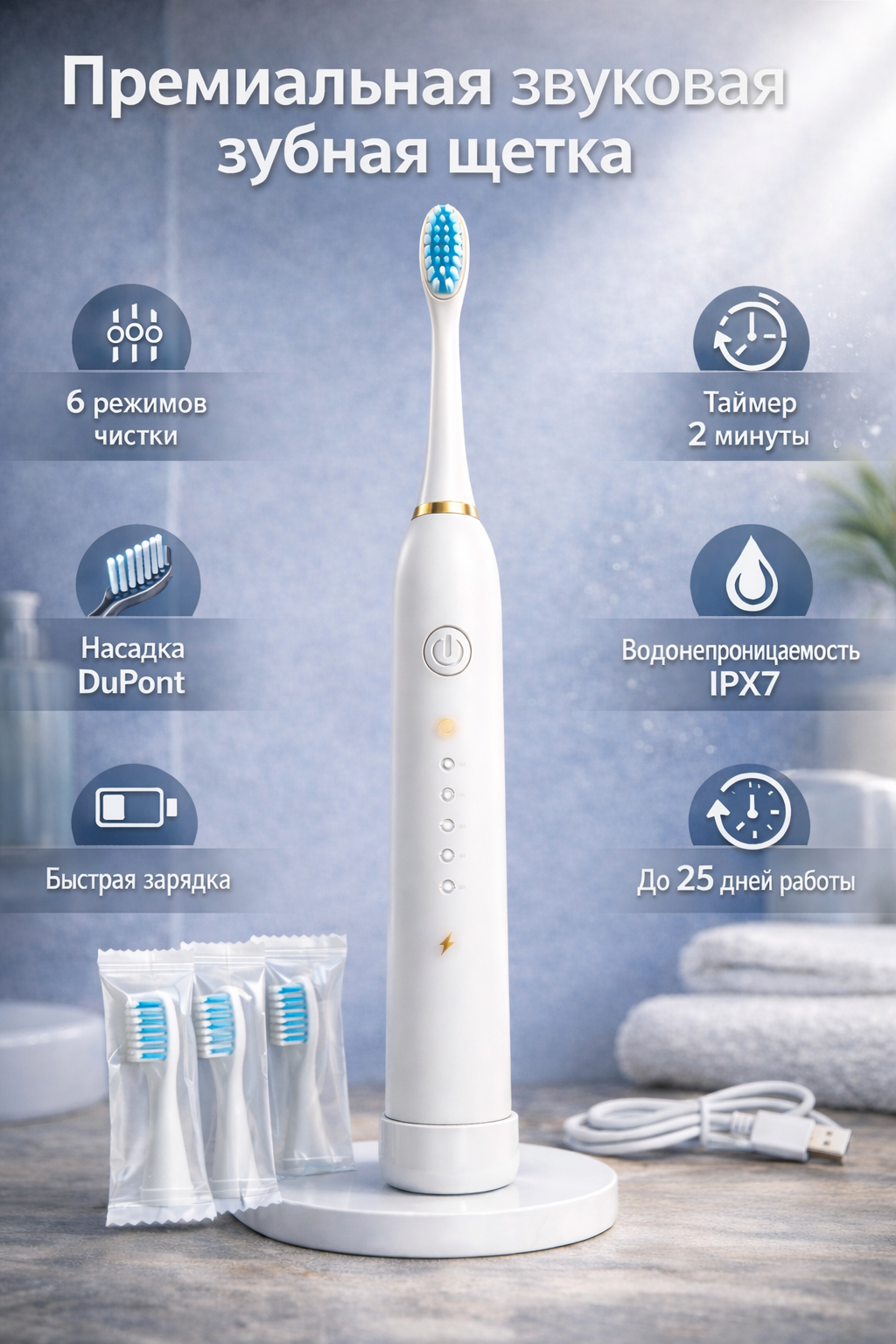 Электрическая зубная щетка ZD-X3, с насадками DuPont и защитой IPX7