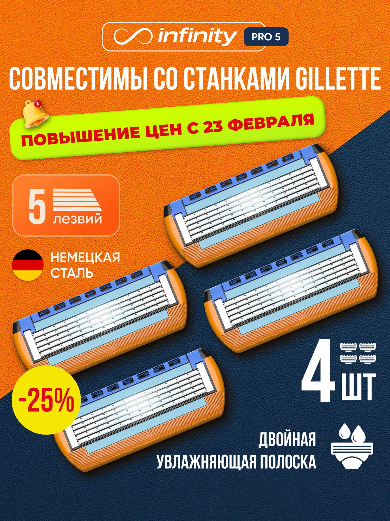 Кассеты INFINITY 4 шт, совместимы с GILLETTE Fusion, 5 лезвий