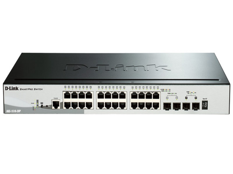 Коммутатор DGS-1510-28P/A1A, PROJ L2+ Smart Switch with 24 10/100/1000Base-T ports and 2 1000Base-X SFP ports and 2 10GBase-X SFP+ ports (24 PoE ports 802.3af/802.3at (30 W), PoE Budget 193W).16K Mac add