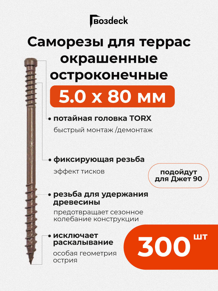 Саморез Gwozdeck для Террасной доски Потайной 50*80 Окрашенный Остроконечный Torx15 Упак 300 шт подходит для ДЖЕТ 90