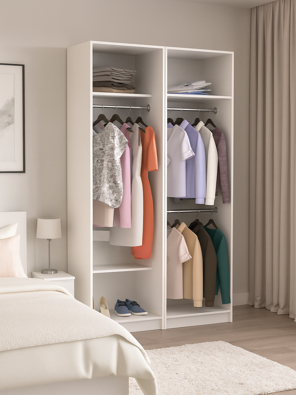 Открытый гардеробный шкаф Макс-11 с 3 штангами для вешалок и 3 полками, ШхГхВ: 120х50х210 см, белый