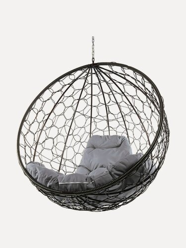 Изображение товара Подвесное кресло круг (без стойки), с ротангом коричневое, серая подушка