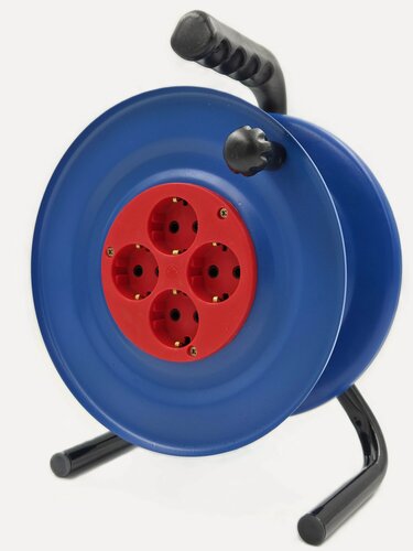 Изображение товара Катушка удлинителя металлическая 4 розетки с заземлением 220В 16А IP20 2Р+РЕ диаметром 24 см.