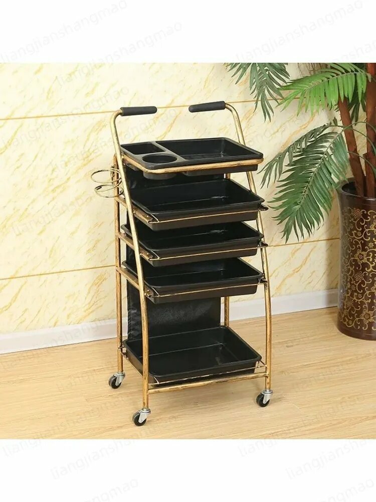 Тележка парикмахерская WOFAN чёрный/золотой цвет высота 5 этаж