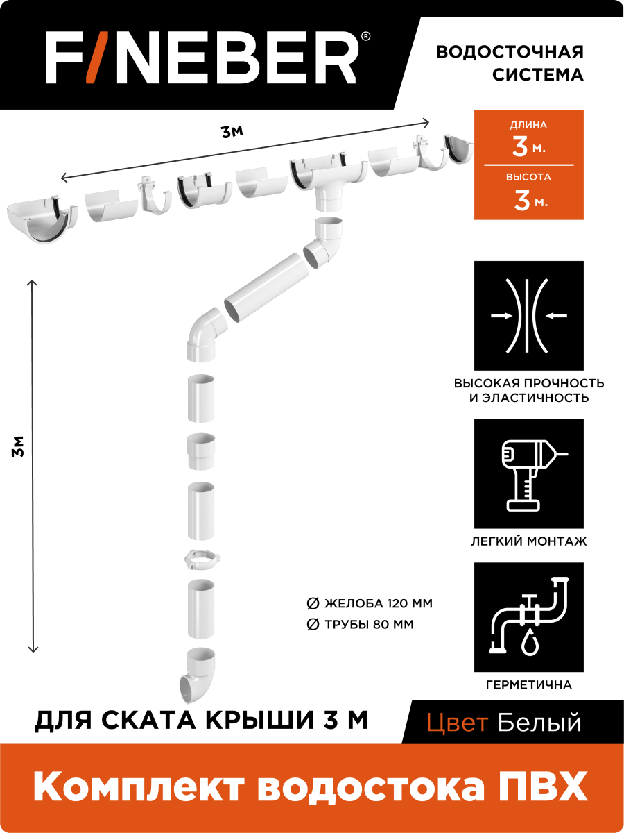 Комплект водосточной системы ПВХ FINEBER для ската крыши 3 м  белый