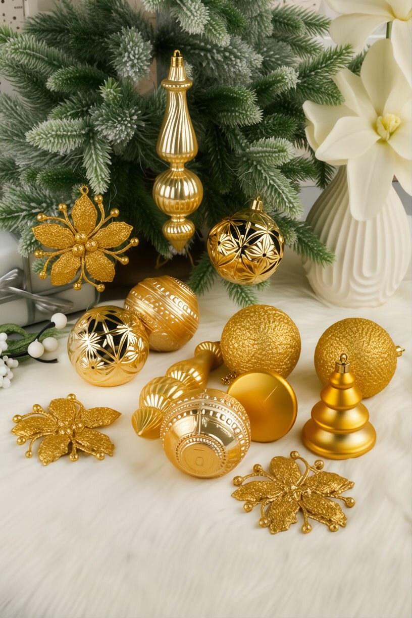 Набор ёлочных шаров и украшений рождество В шире, пластик, золотой, 7-17 см, 13 шт, Winter Deco 1000555