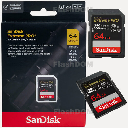 Изображение товара Карта памяти SanDisk Extreme PRO SDXC 64 ГБ Class 10 UHS-II U3 V60 6K-Video (R/W 280/100 Mb/s)
