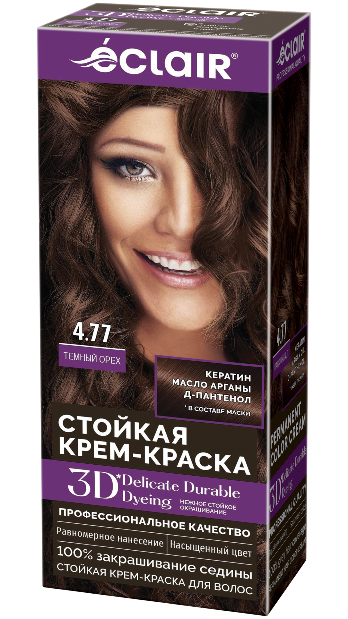 Крем-краска ECLAIR 4.77 3D "Темный Орех", с пантенолом, 100 мл
