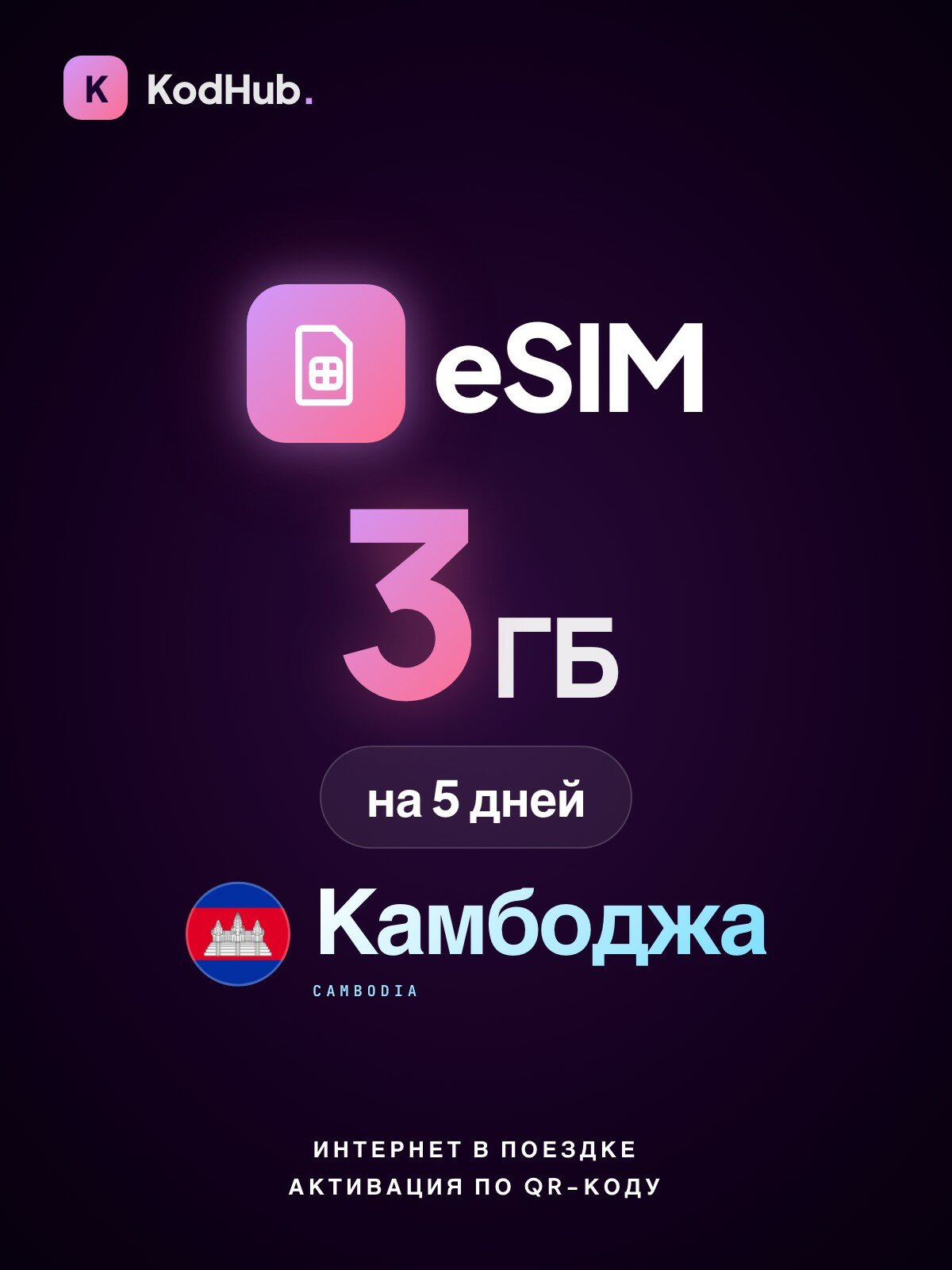 Туристическая eSIM Камбоджа 3 ГБ на 5 дней | интернет в поездке, связь за границей | QR-код активации