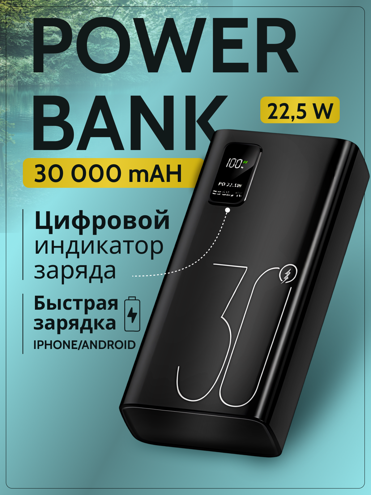 Портативный пауэрбанк "AlDm Electronic", 30000mAh, для iPhone и Android, с индикатором заряда