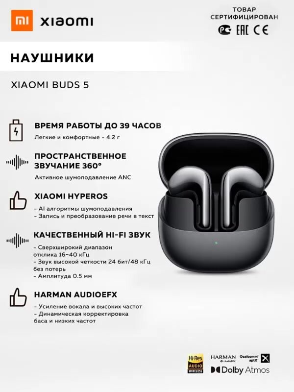 Беспроводные наушники Xiaomi Buds 5 Graphite Black, M2341E1 (BHR8118GL) — фото 1