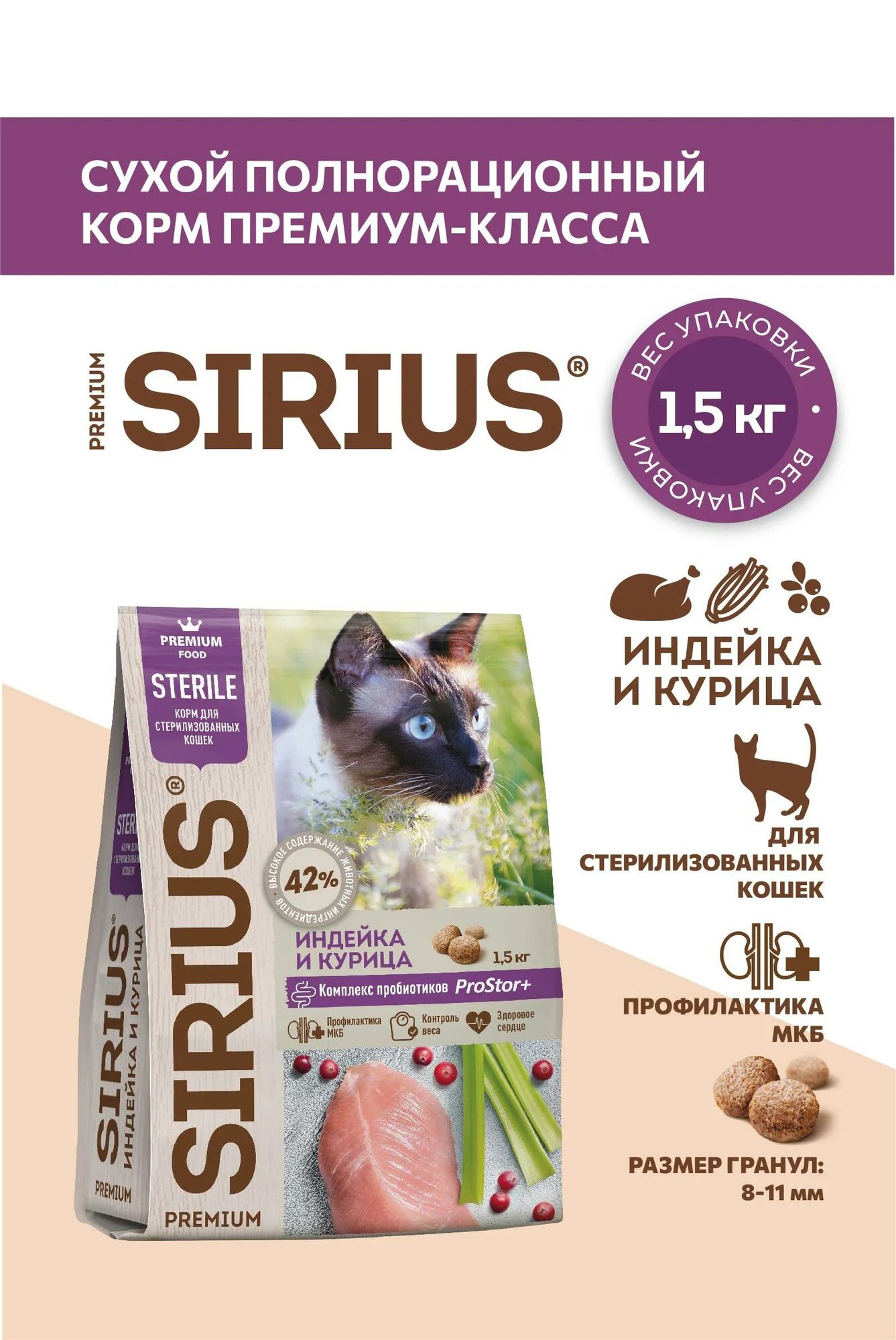 Сухой корм для стерилизованных кошек Sirius Sterile, с индейкой и курицей, 1,5 кг