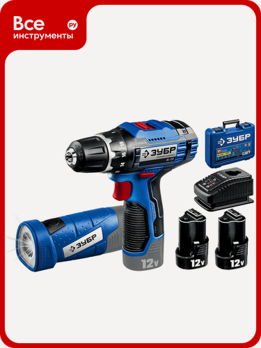 Изображение товара Дрель-шуруповерт ЗУБР Профессионал 12В + LED-фонарь, 2 АКБ 2Ач DL-121-22F