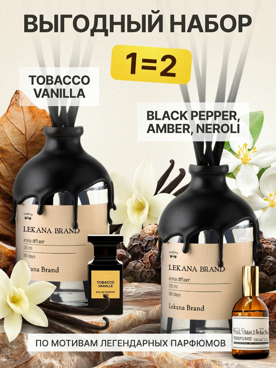 Диффузор для дома/ набор: Черный перец+ Табак&Ваниль, 2 шт. по 50 мл Lekana Brand