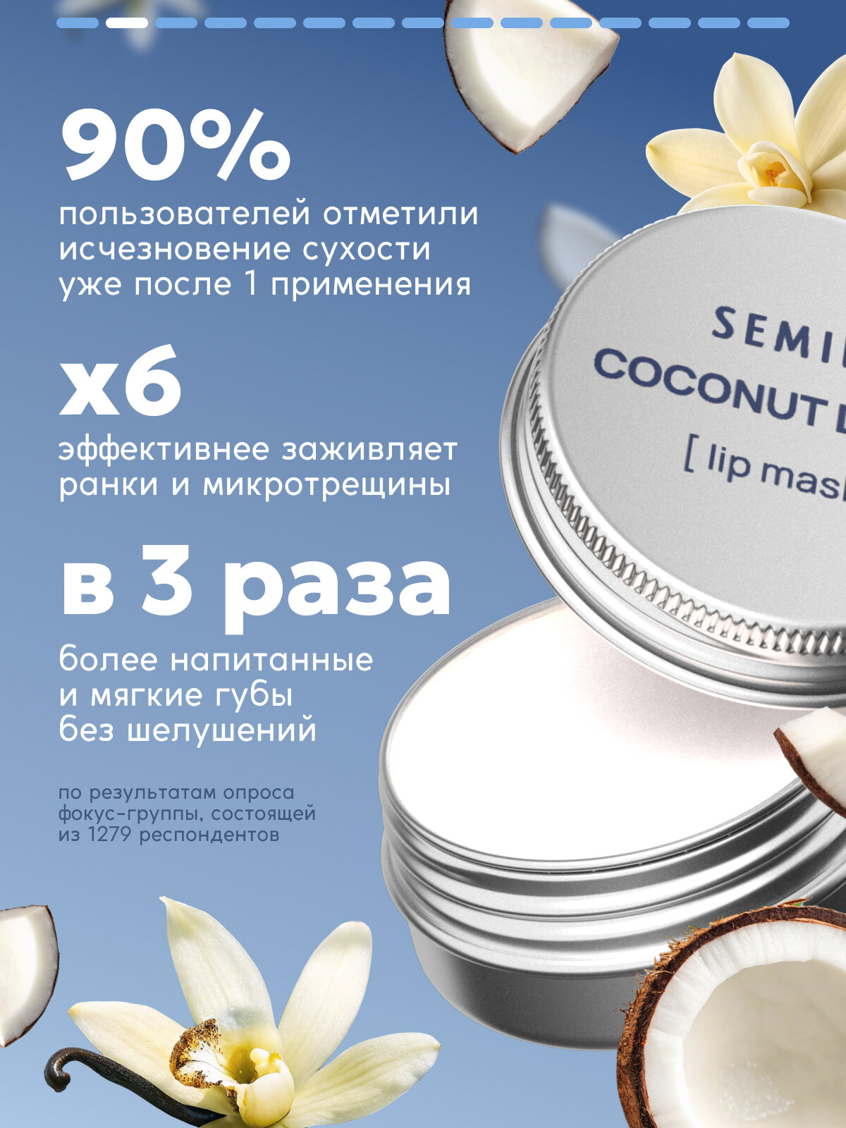 Маска бальзам для губ SEMILY, увлажнение, восстановление и питание, кокосово-ванильный аромат — фото 1