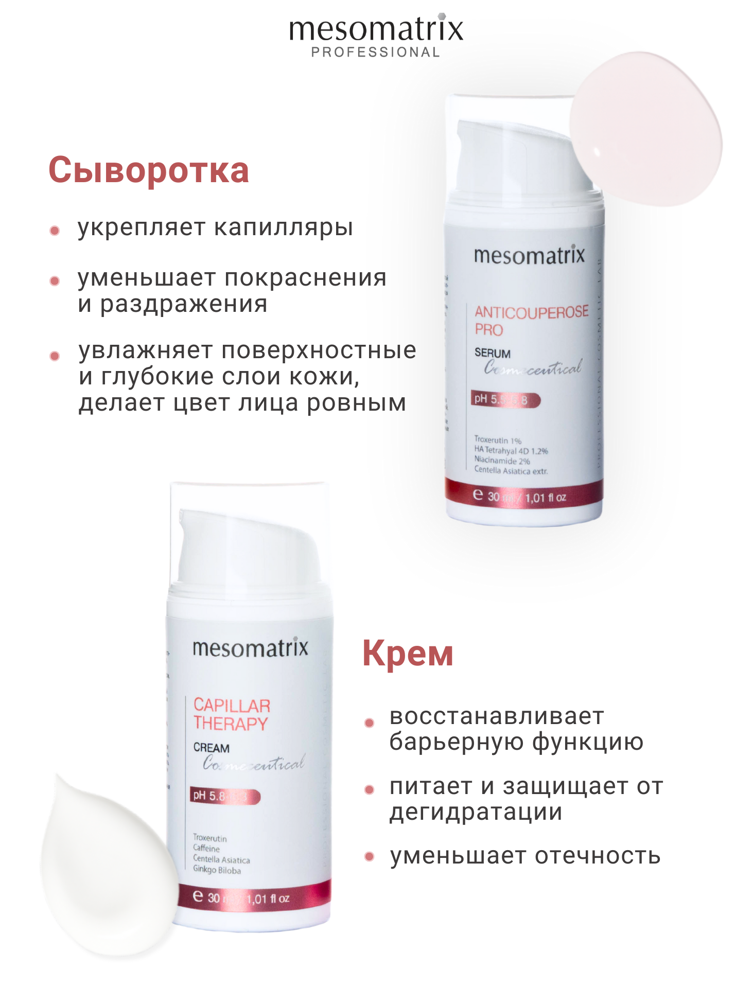 Изображение Антикуперозный набор (сыворотка + крем) для лица и век для чувствительной кожи с антиоксидантами успокаивающий от купероза, от отеков Mesomatrix Professional