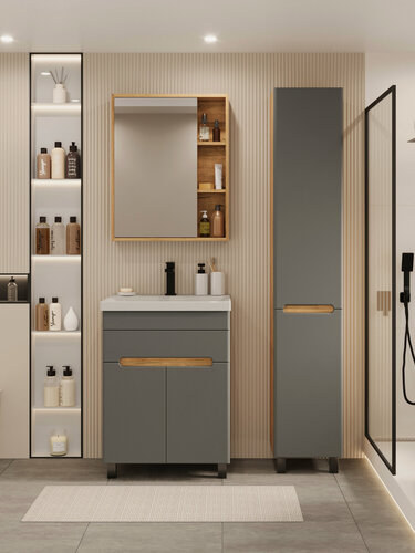 Изображение товара Шкаф-пенал напольно/подвесной Vannika Bliss для ванной комнаты, дуб вотан, графит софт