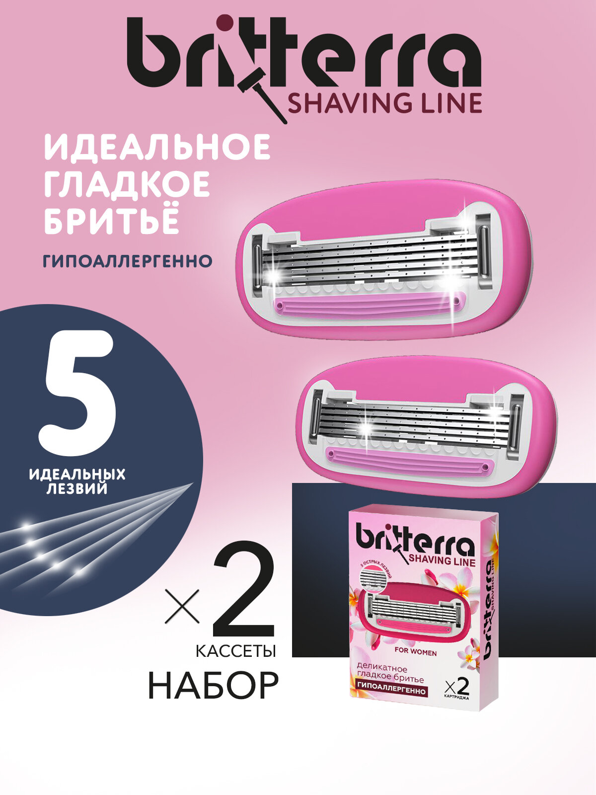 Лезвия для бритвы BRITTERRA for Women, 5 лезвий, розовый, 2шт.