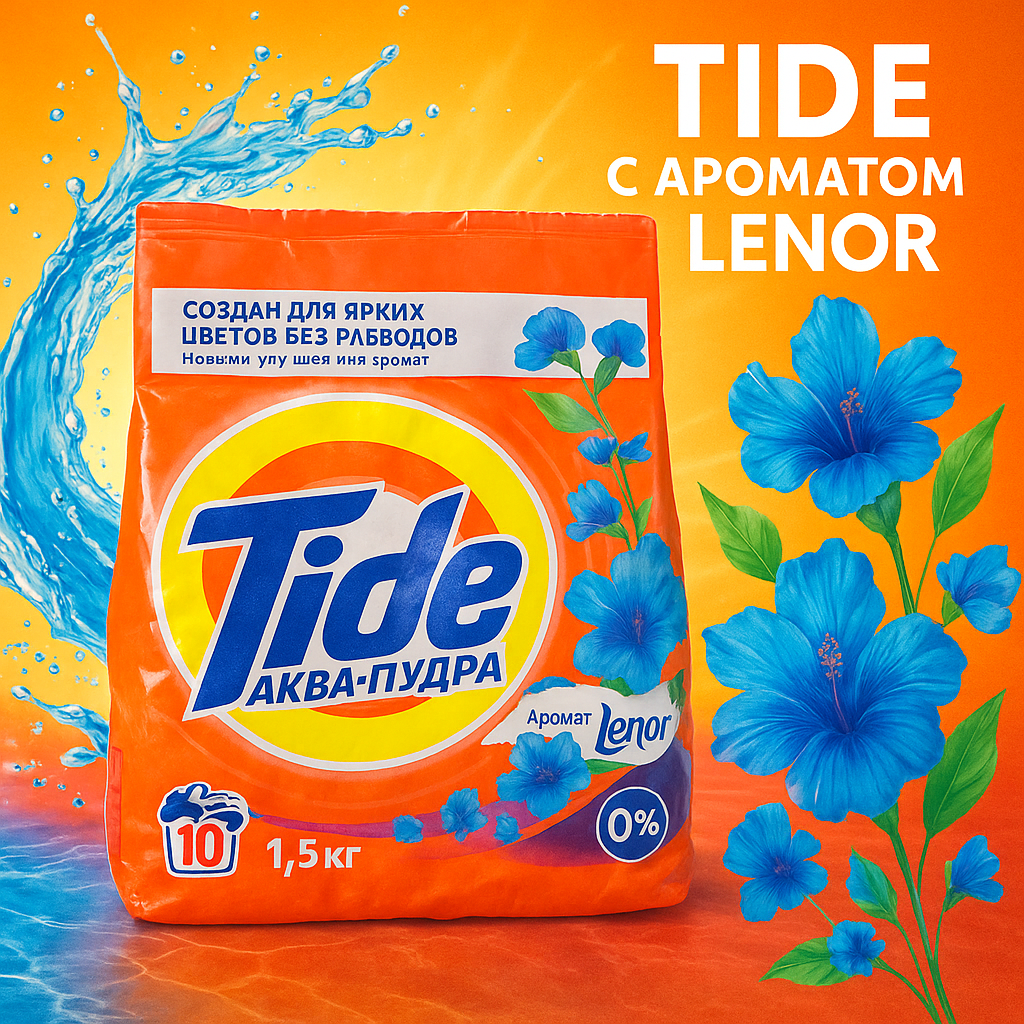 Стиральный порошок "Tide", автомат, 10 стирок, 1,5 кг. Аромат: Lenor