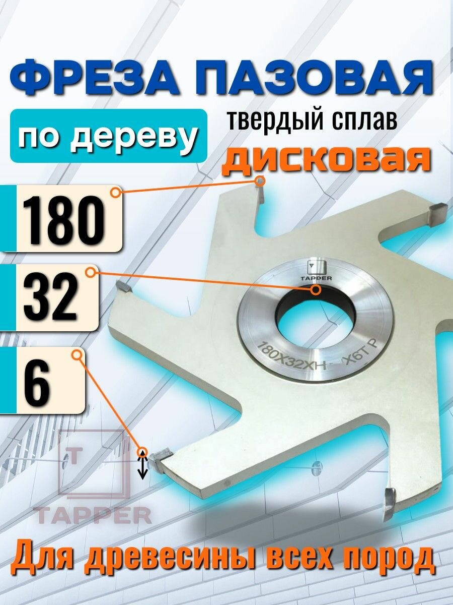 Фреза дисковая пазовая с ТСТ напайками 180 х 32 х 6 Z6 Tapper по дереву паз 6мм