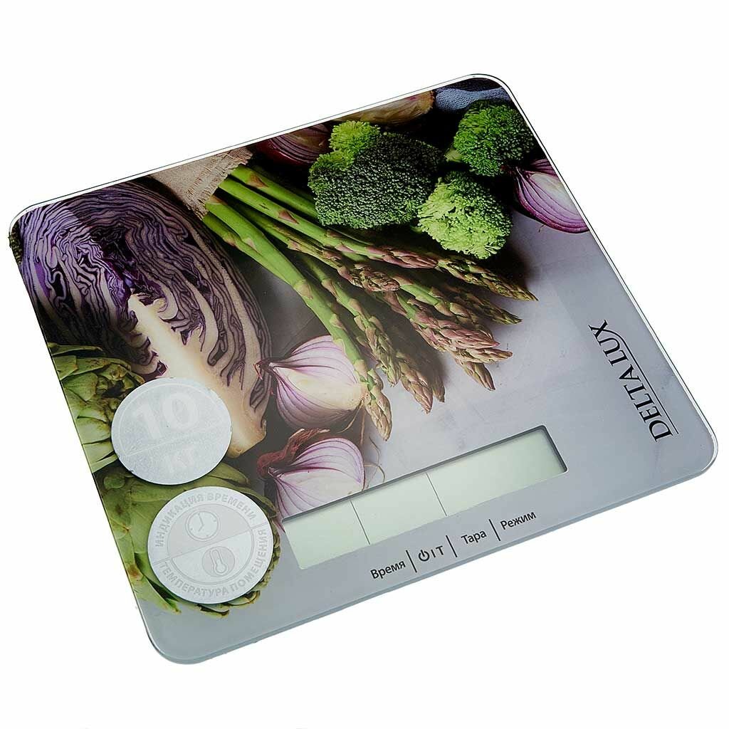 Весы настольные электронные DELTA LUX DE-003KE, "Витаминный микс", часы, температура, 10 КГ