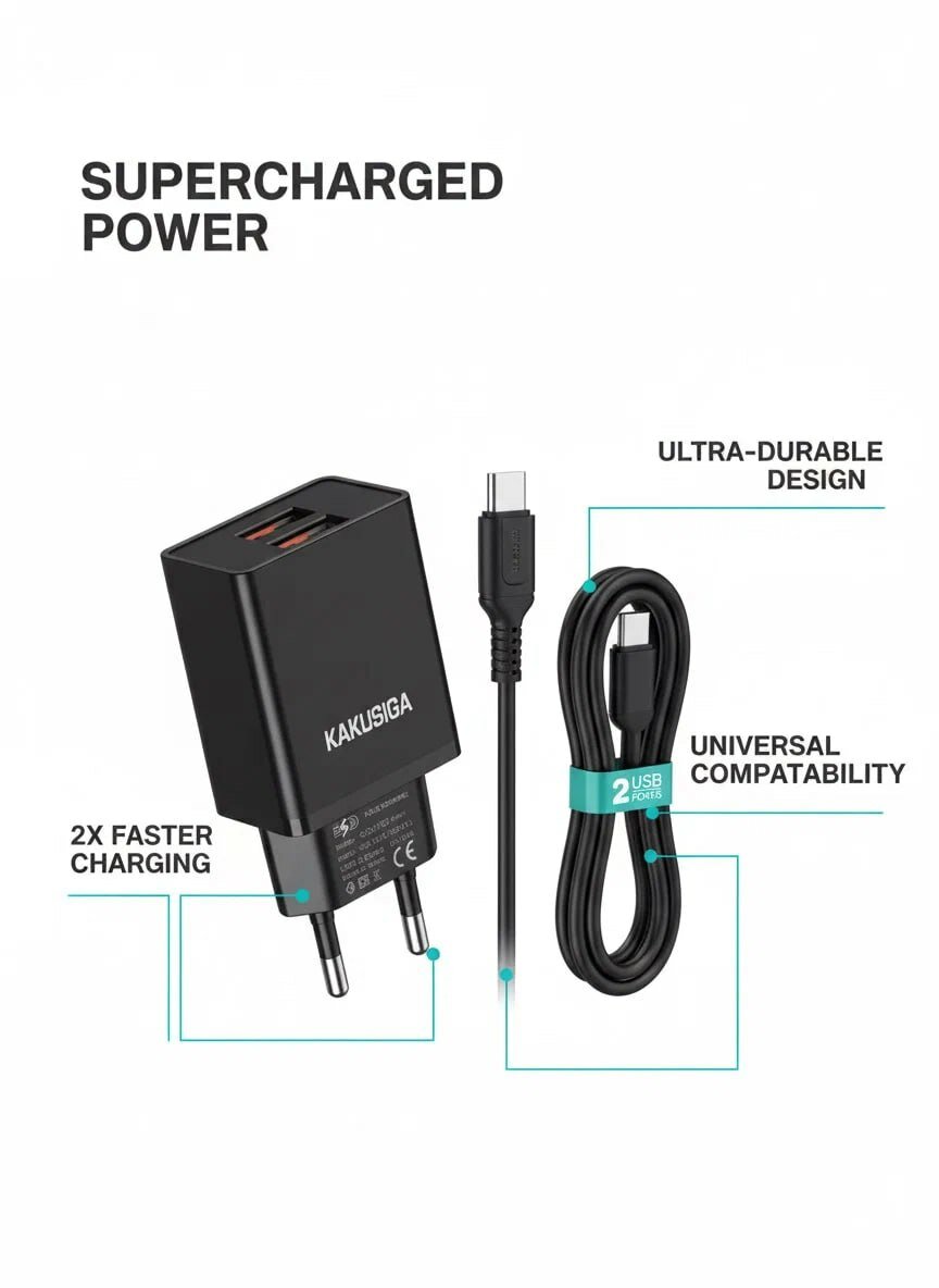 Зарядное устройство Kakusiga Type-C Black, 2 разъема USB, 1 м