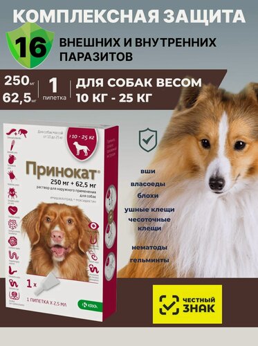 Изображение товара Принокат Для собак От глистов вшей блох клещей Капли на холку 250/62,5мг, 2,5мл, №1