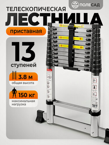 Изображение товара Лестница полесад "Комфорт", нержавеющая сталь, 13 ступеней, нагрузка 150кг, телескопическая, 3.8м