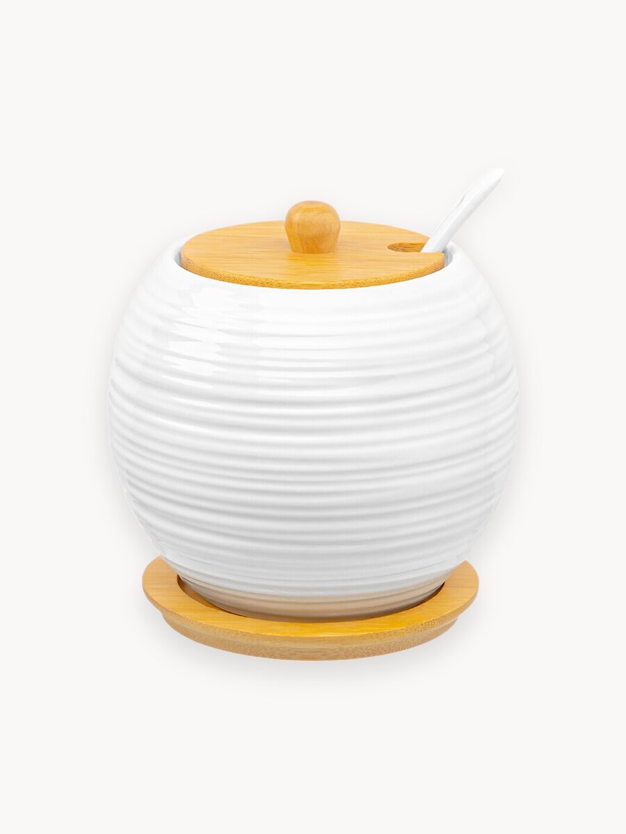 Сахарница 450 мл Elan Gallery Шелк, 10,5х10,5х10,5 см, с деревянной крышкой, с ложкой, на деревянной подставке