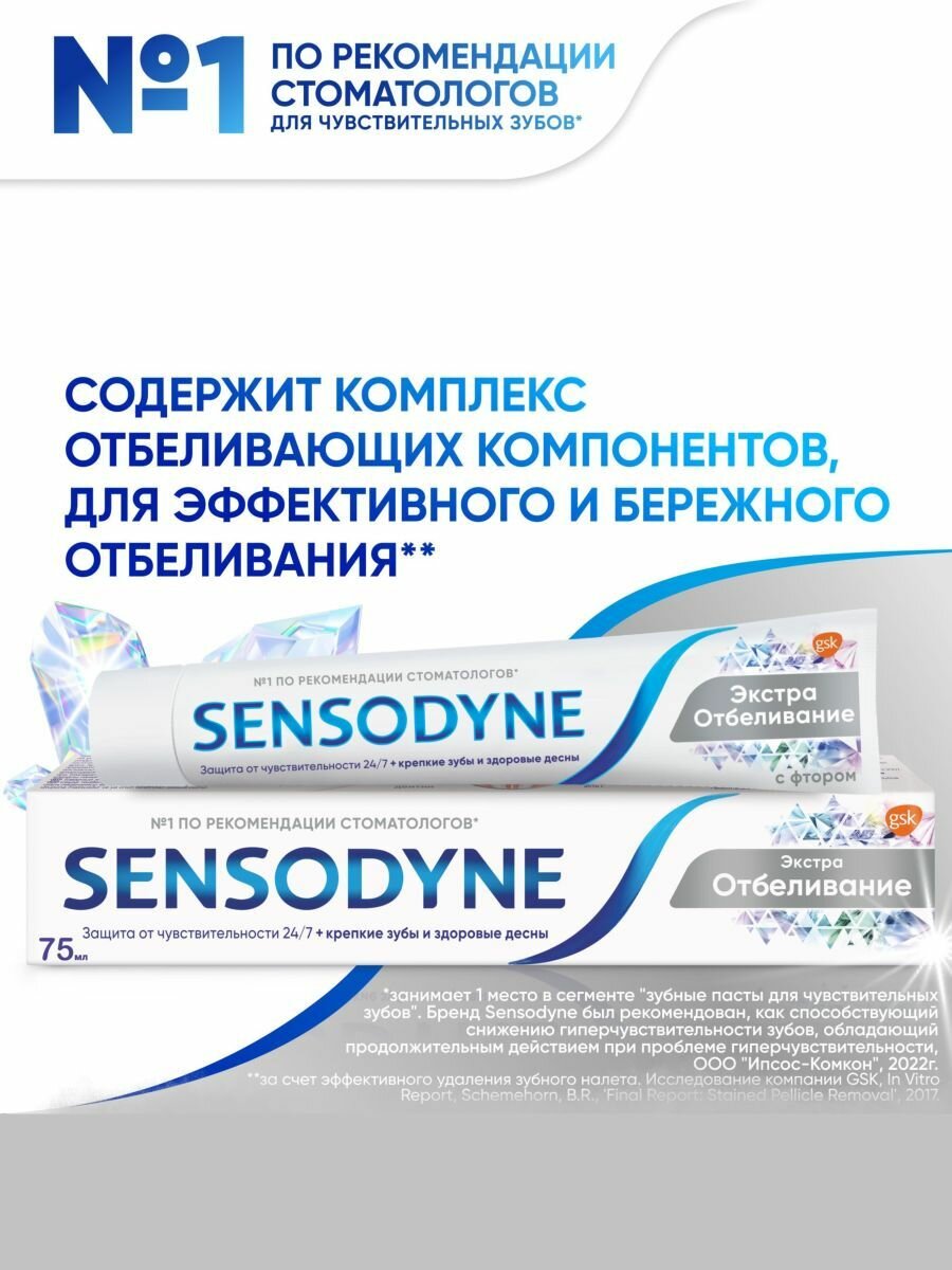 Зубная паста Sensodyne Экстра отбеливание, для чувствительных зубов, 75 мл