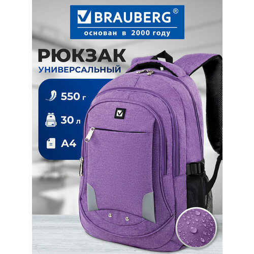 Рюкзак женский мужской, школьный спортивный городской, для подростка фиолетовый, 3 отделения, 46х31х18 см, Brauberg High School, 225516