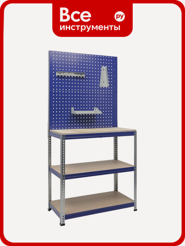 Изображение товара Верстак практик Garage Set 3 S30399501746 с фанерной столешницей, перфорацией 10×10 мм, синий‑серый цвет, с экраном