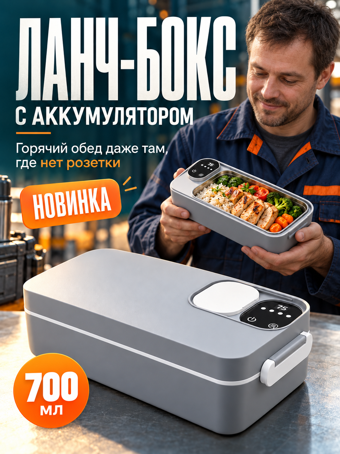 Ланч бокс электрический с подогревом от аккумулятора, 0,7 литра